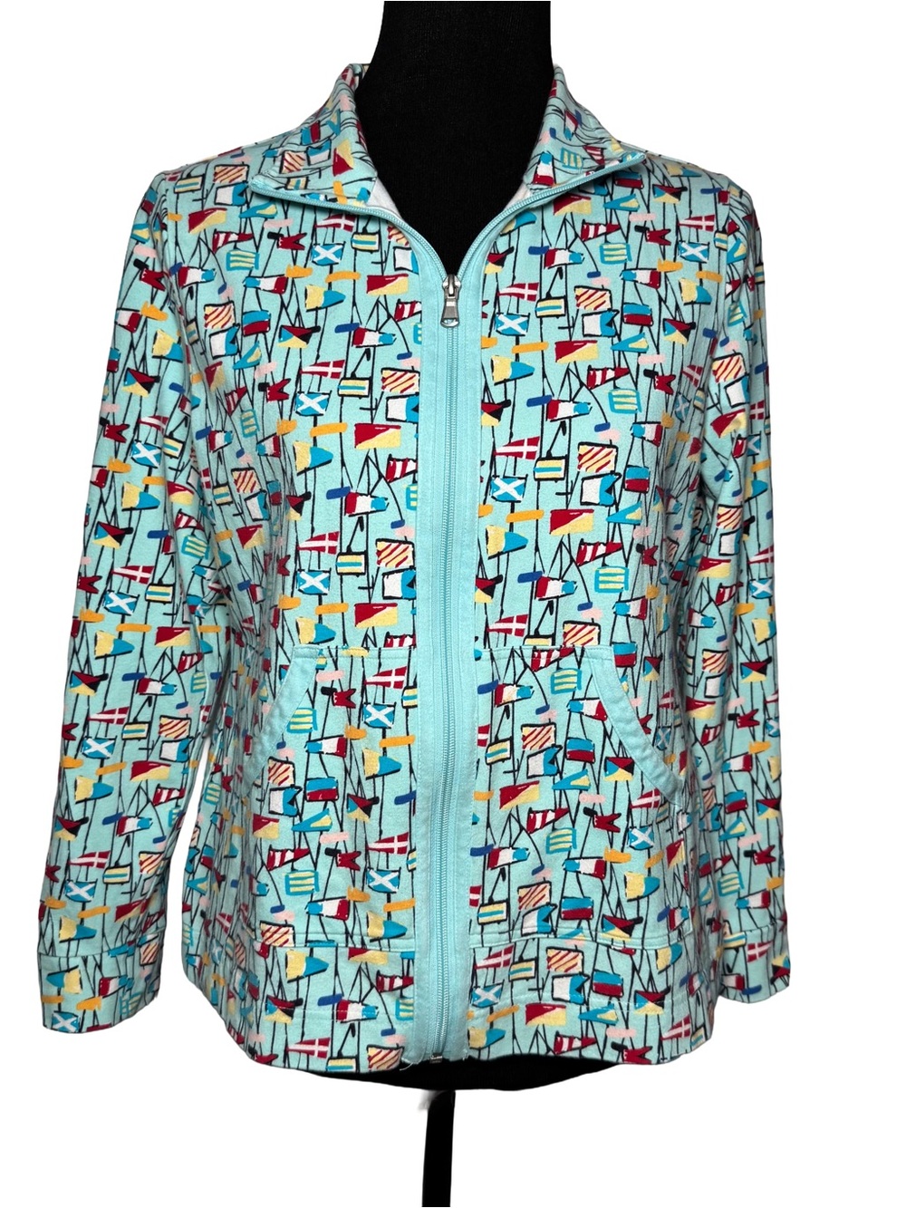 Talbots Womens Nautical Flag Jacket Medium Petite Blue Zip Boat Novelty Coastal - Picture 2 of 8